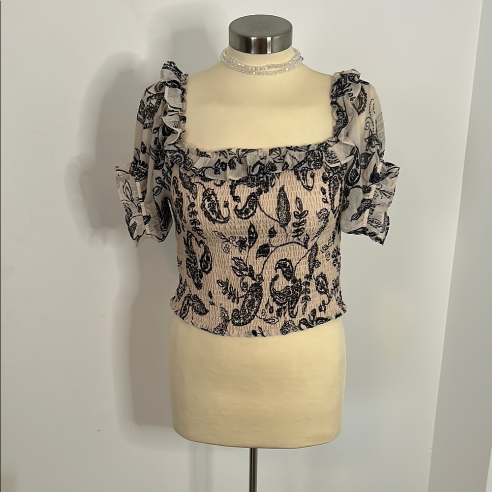 Express Black and Cream Ruffle Blouse